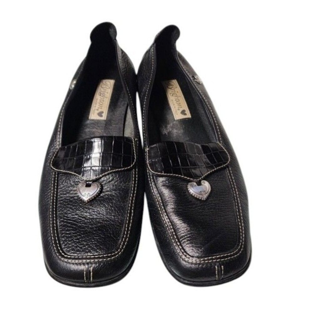 Brighton Ursa Driving Loafers Size 9N Black Leather Croc-Embossed Silver Charms